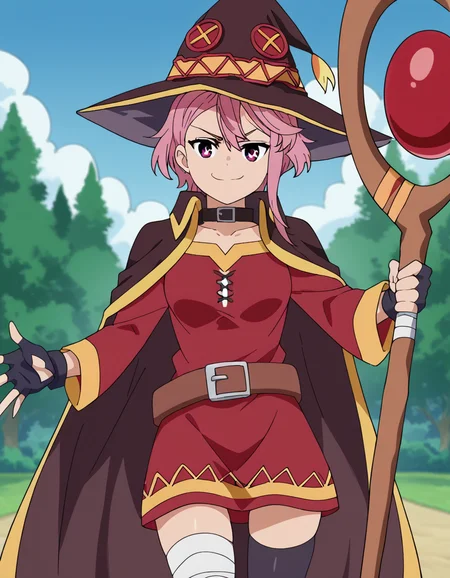 score_9, score_8_up, score_7_up, source_anime, <lora:aira-shiratori-s1-ponyxl-lora-nochekaiser:1>, aira shiratori, short hair, bangs, hair between eyes, pink hair, pink eyes, medium breasts, anime screencap,, <lora:megumin-cosplay-ponyxl-lora-nochekaiser:1>, megumin cosplay, megumin (cosplay), thighhighs, gloves, hat, dress, black gloves, belt, black thighhighs, fingerless gloves, cape, collar, witch hat, bandages, red dress, single thighhigh, asymmetrical legwear, bandaged leg,, staff, holding staff, smug, outdoors, looking at viewer, cowboy shot,, , dutch angle, cowboy shot