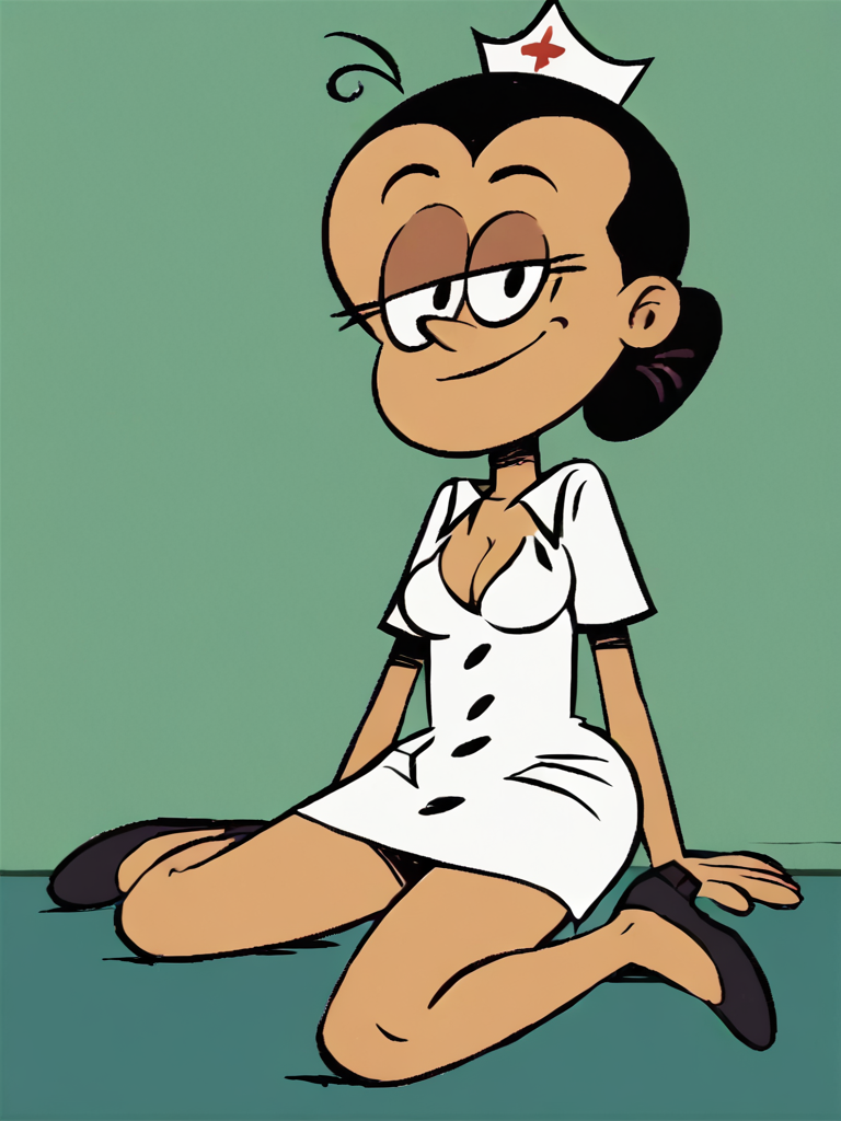 Maria, 1girl, nurse, solo, black hair, nurse cap, smile, simple background, hair bun, full body, open clothes, breasts, cleavage,  black footwear, ahoge, score_9, score_8_up, score_7_up, score_6_up, score_5_up, score_4_up, looking at viewer, indoors,<lora:MariaSantiagoPony1.0:1> smile, sitting, on ground, black eyes,