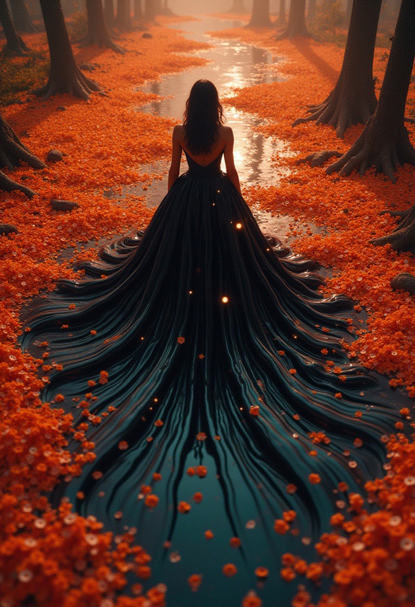 Extreme Wide Shot, aerial perspective, top-down view, grand scale, central subject, surreal scene of the striped lady emerging from wavy striped liquid, let's add an element of fantasy. in black bridal gown, orange petals are covered around, The liquid she emerges from is now more vibrant, with iridescent stripes reflecting the hues of the forest. Fireflies gently hover around her, adding a magical ambiance.  ethereal pink flower sea backdrop, dreamlike ambiance, vibrant red hues, majestic aura , detailed embroidery, fantasy setting, lavish presentation, surreal beauty, mesmerizing floral expanse, enchanting atmosphere, realistic, real, reality