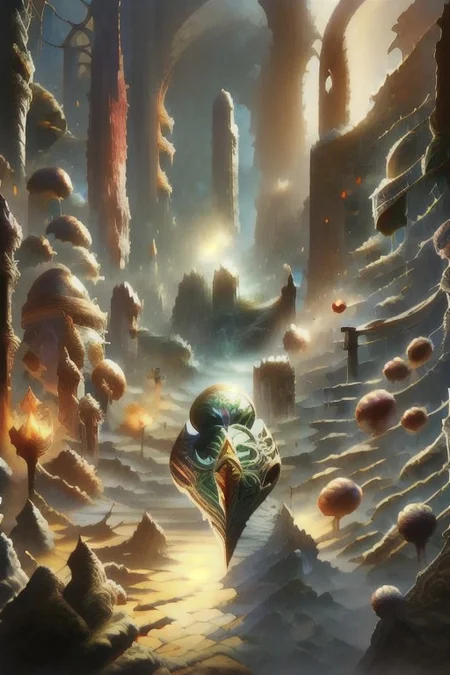 The Wizard’s Crystal Orb of Cellular Division
Concept: A wizard controls an orb that governs cellular division and growth. The orb, glowing with mystical light, symbolizes the biological process of mitosis and meiosis.
Fantasy Trope: A powerful wizard wielding an orb of immense power, connected to the science of cellular division.
Cells dividing reflected in a large crystal ball in the foreground
Background of fantasy ruins of castle and forest mountainscape
Crystal ball, transparent, orb, cell, nanotube, microbe, glowing, electron microscope photo, thin, glasswork, colorful, strange, interesting shape, glass, crystals, filaments, detailed, opaque, transparent, light pass through shell, ice, nuclear, polyp, division, split, cleave, divide, biology, illustration, painting, oil painting, frazetta, easley, gorgeous, highly detailed, high resolution, matte painting, masterpiece, vintage fantasy art, super detail, d&d, fantasy, vintage, 70s, 80s, layered cellular surface