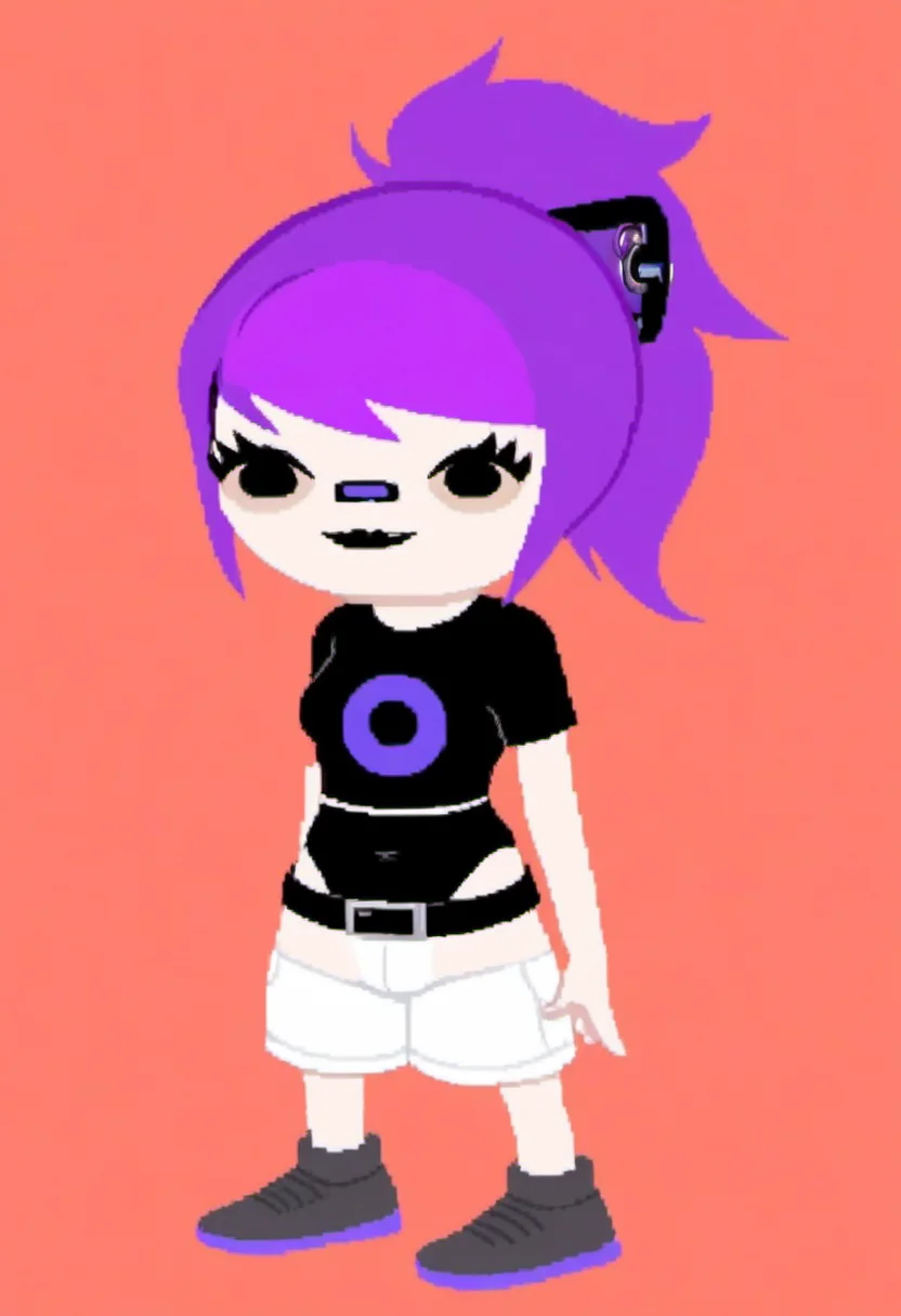 zPDXL, zPDXLxxx, score_9, score_8_up, score_7_up, score_6_up, score_5_up, score_4_up, BREAK rating_safe, source_cartoon, <lora:Homestuck_for_PonyXL:1.1>, homestuck, solo, 1girl, outdoors, full body, <lora:Projekt_Melody_for_PonyXL:0.8>, projekt_melody, bandaid on nose, no arms, black leotard, white shorts, covered navel, looking at viewer, ponytail, belt, streaked hair, bangs, hair ornament, smile, standing, looking at viewer, black eyes, (chibi:1.1),