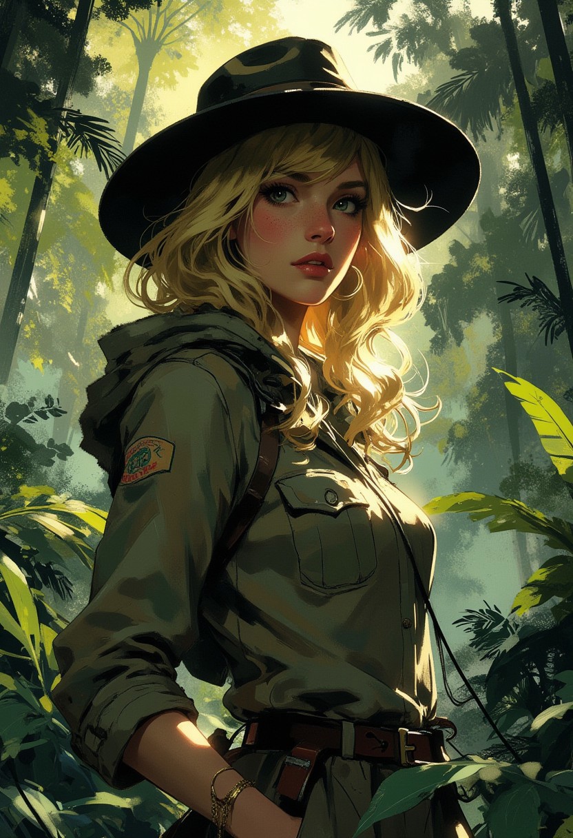 nistyle, in the style of ck-mgs, Mh1$AgThS2, intricate linework with expressive contrasts, soft lighting with dynamic highlights, image of a humid tropical jungle with a 1930s female explorer, blonde hair, safari hat and jacket, dense forest vegetation, dappled sunlight