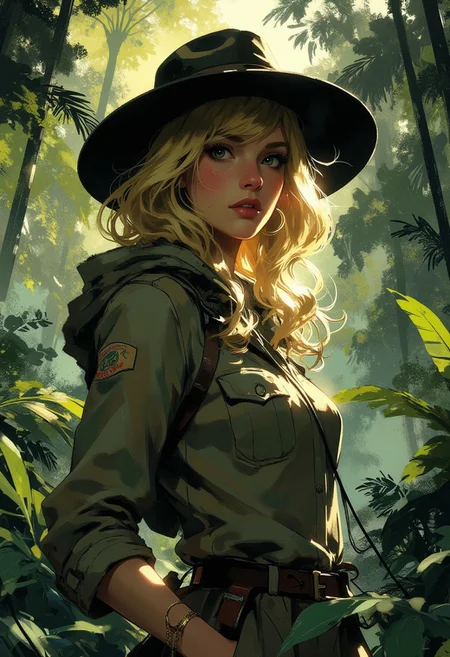nistyle, in the style of ck-mgs, Mh1$AgThS2, intricate linework with expressive contrasts, soft lighting with dynamic highlights, image of a humid tropical jungle with a 1930s female explorer, blonde hair, safari hat and jacket, dense forest vegetation, dappled sunlight