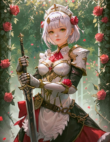 score_9, score_8_up, score_7_up, (realistic),
noelle (genshin impact),
two-handed,planted-sword,holding sword front of her,
claymore, oversized weapon,
1girl,solo,breasts,looking at viewer,short hair,bangs,hair ornament,dress,green eyes,yellow eyes,weapon,braid,flower,white hair,cowboy shot,,hair flower,holding weapon,armor,apron,maid,maid headdress,petals,rose,plant,red flower,shoulder armor,gauntlets,pauldrons,red rose,armored dress,vines,thorns,
<lora:planted_sword:0.8>
