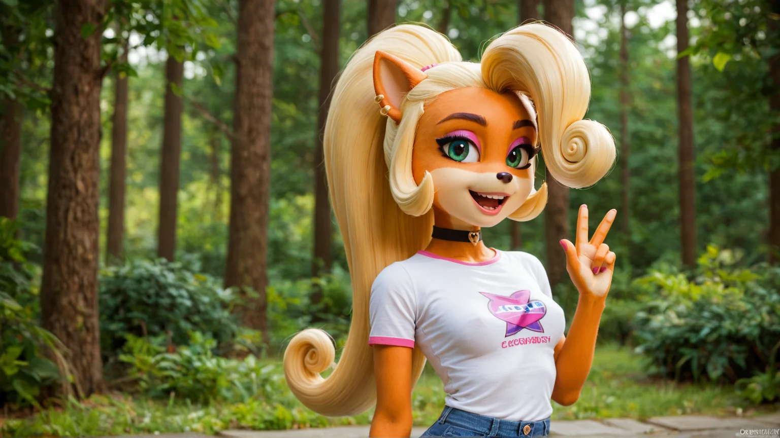 score_4,score_5,score_6,score_7_up,score_8_up,score_9 BREAK source_furry,1girl,solo,jewelry,earrings,long hair,breasts,choker,medium breasts,:d,outdoors,smile,open mouth,forest,high quality,bokeh,coco bandicoot,t-shirt,pants,