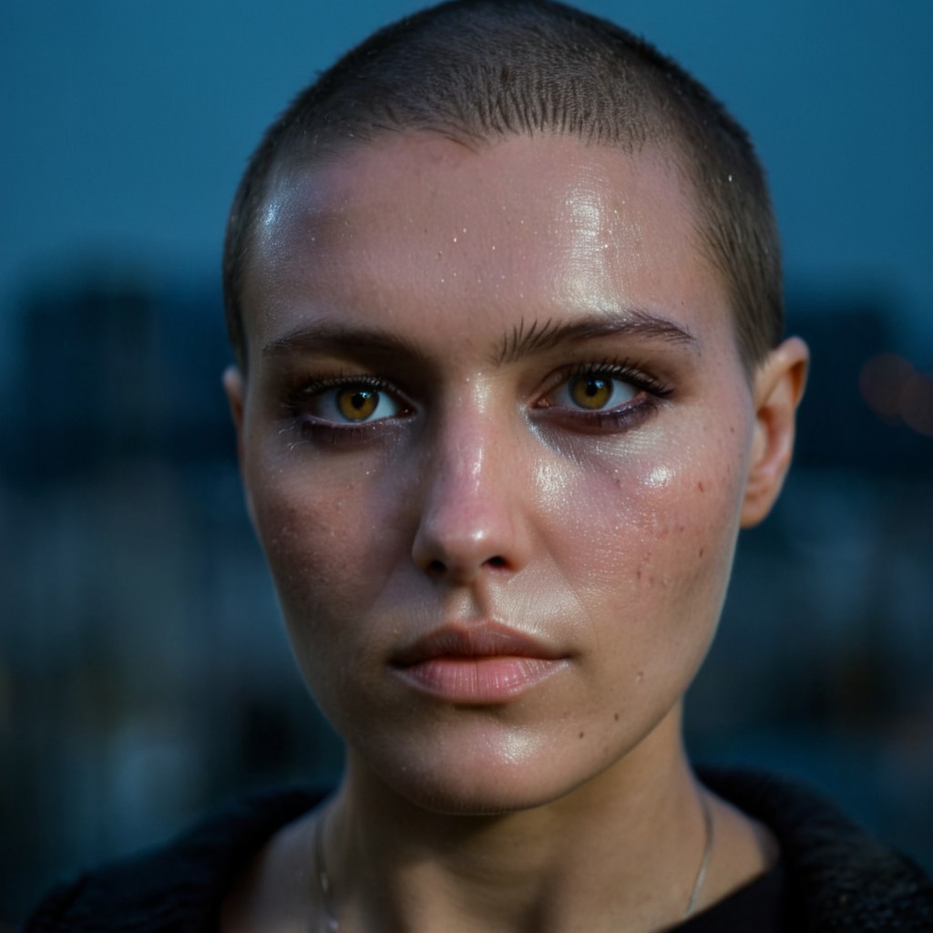 Buzzcut, no hair, bald, Blade Runner style, cinematic film still, (Skin Texture, pores, natural,iPhone,RAW)), natural lighting, Highest Quality closeup Portrait photo of a woman with a ((buzzcut)), silver eyes, Nikon Z9, realistic matte skin, blurry city in the background, at night, moody, epic, gorgeous, 8K,