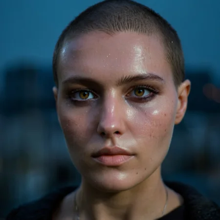 Buzzcut, no hair, bald, Blade Runner style, cinematic film still, (Skin Texture, pores, natural,iPhone,RAW)), natural lighting, Highest Quality closeup Portrait photo of a woman with a ((buzzcut)), silver eyes, Nikon Z9, realistic matte skin, blurry city in the background, at night, moody, epic, gorgeous, 8K,