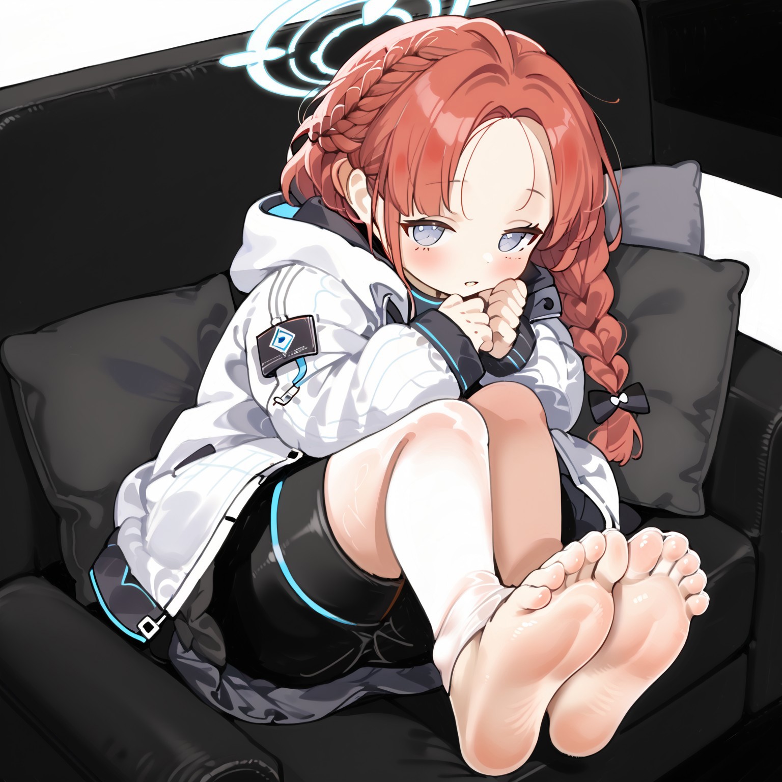 yuzu \(blue archive\),halo, red hair, 1girl, blush, forehead, solo, sitting, white jacket, sketch, braid, long_sleeves, parted_lips, hair_bow, holding, white_bow, side view, couch, sleeping, foot focus, soles, foreshortening, on side, from above, stuffed animal, feet together, feet up