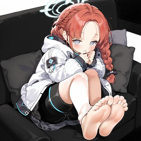 yuzu \(blue archive\),halo, red hair, 1girl, blush, forehead, solo, sitting, white jacket, sketch, braid, long_sleeves, parted_lips, hair_bow, holding, white_bow, side view, couch, sleeping, foot focus, soles, foreshortening, on side, from above, stuffed animal, feet together, feet up