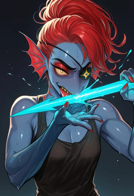 masterpiece, nsfw, good quality, best quality, rkgk, source_anime, latest, 2024, 2023, pretty face, olo, kdmstyle, halfbody, character focus,
1girl, undyne, undyne undertale, licking her weapon, excessive saliva, pin-up, love handles, sexy, cute face, cute expression, amazonian figure ((blue skin, blue body, shiny hair, red hair, pixie cut, ponytail hairstyle, cut eyebrow, black iris, red eyelashes, eyelashes, makeup, black eyepatch on left eye, glittering eye, fins,)) flat chest, sweat, red fingernails, warrior pose, warrior figure, loose black tank top, weapon glowing blue spear, partial body random, shining background, gold bg, bio luminescent swamp bg, upper body zoom, dramatic lighting, soft shading,