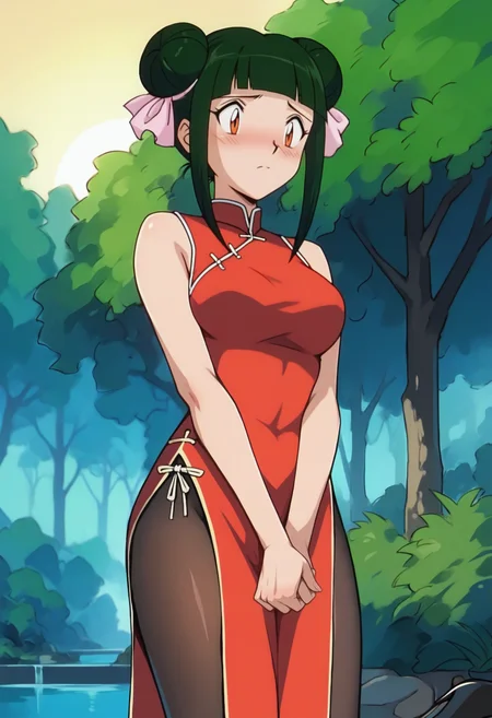 score_9, score_8_up, score_7_up, score_6_up, <lora:PMCassandra-000009:0.8>, PMCassandra, orange eyes, green hair, blunt bangs, double bun, sidelocks, hair ribbon, pink ribbon, medium breasts, 
china dress, red dress, pelvic curtain, black pantyhose, cowboy shot, high heels, 
blush, looking down, closed mouth, v arms, 
BREAK outdoors, nature, dusk, sunset,