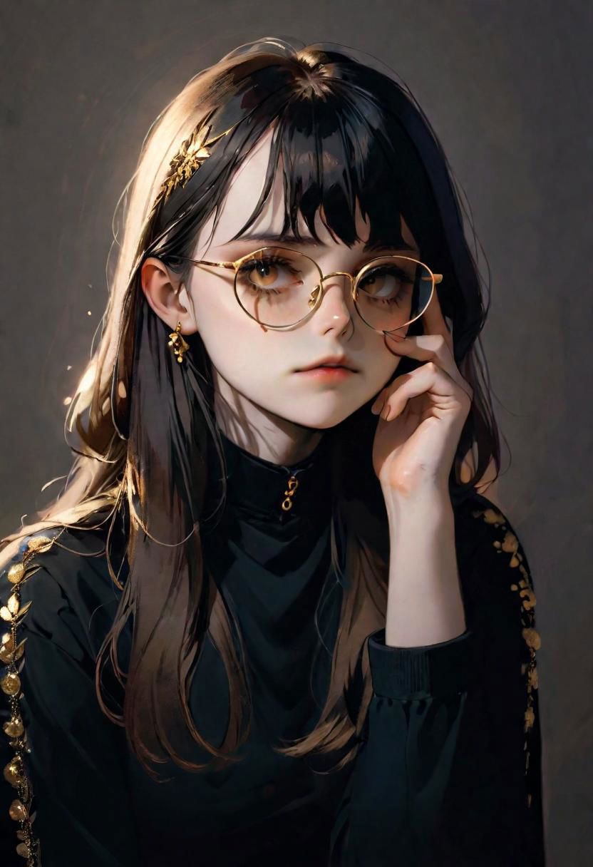 1girl reflective glasses
bangs
long hair
 lethargic sleepy smoky eyes
her hands under her chin,
    shadows, 
  Gradient mastery,   gold decorations 
 photography, photography-color, portraits