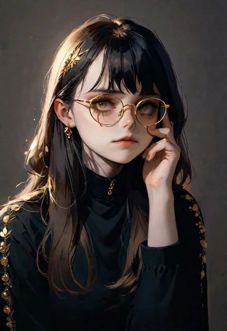 1girl reflective glasses
bangs
long hair
lethargic sleepy smoky eyes
her hands under her chin,
shadows,
Gradient mastery, gold decorations
photography, photography-color, portraits