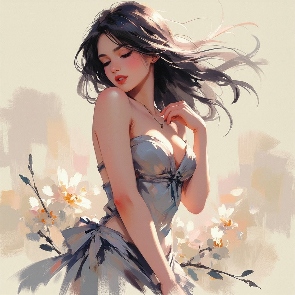(masterpiece), chalk pastel art, best quality, good anatomy, (1 girl), a captivating and sensual woman, her body outlined in soft, smudged strokes characteristic of chalk pastels. Her pose is graceful and inviting, exuding a quiet confidence and subtle seduction, while her expression reveals a mix of shy curiosity and gentle amusement. Her soft smile hints at a sense of smitten joy, while a slight blush colors her cheeks, adding warmth and life to her face. The pastel strokes gently follow the curves of her body, creating a soft, velvety texture that gives her skin a lifelike glow. Her hair cascades over her shoulders in loose, flowing waves, rendered with delicate, feathery strokes that give it movement and volume. The draped fabric clings lightly to her form, suggested through light, translucent pastel shading that hints at her figure beneath, adding a touch of mystery and allure. Her expressive eyes, wide and glistening, draw the viewer in, filled with a playful mix of shyness and anticipation. The background is a soft blend of layered pastel smudges, creating a dreamy, atmospheric backdrop that subtly blends into the foreground. The chalk pastel medium adds an organic, tactile quality to the image, with visible texture where the pastels have been applied more heavily, giving depth and dimension to the scene. Inspired by classic artists such as Pierre-Auguste Renoir and William-Adolphe Bouguereau, the piece combines traditional beauty with a modern sensuality, all set against the backdrop of Ancient Thailand, delicately hinted at through soft, intricate pastel strokes.