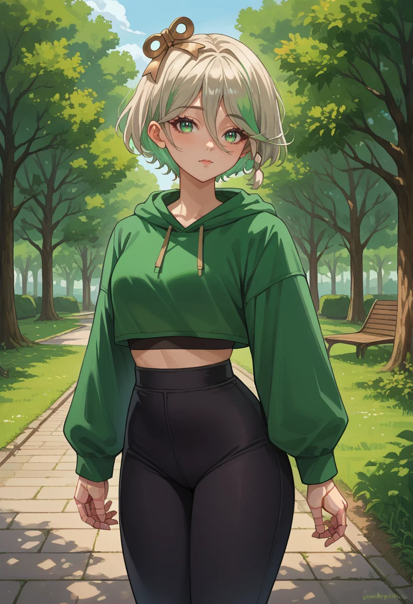 score_9, score_8_up, source_anime, 1girl, solo, CeciliaImmergreen, hair ornament, doll joints, short hair, braid, outdoors, park, green hoodie, high-waist pants, yoga pants, black pants, light blush, <lora:ChamCeciliaImmergreenPonyXL:1>