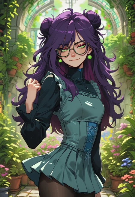 score_9, score_8_up, score_7_up, score_6_up, score_5_up, (source_anime, 1girl, glasses, purple hair, disheveled hair, long hair, double bun, earrings, freckles, smirk, dark, green light, dramatic, blue frills corset, pleated skirt, detached frills sleeves, pair of shockings, pantyhose, wind lift, garden, pink sky)