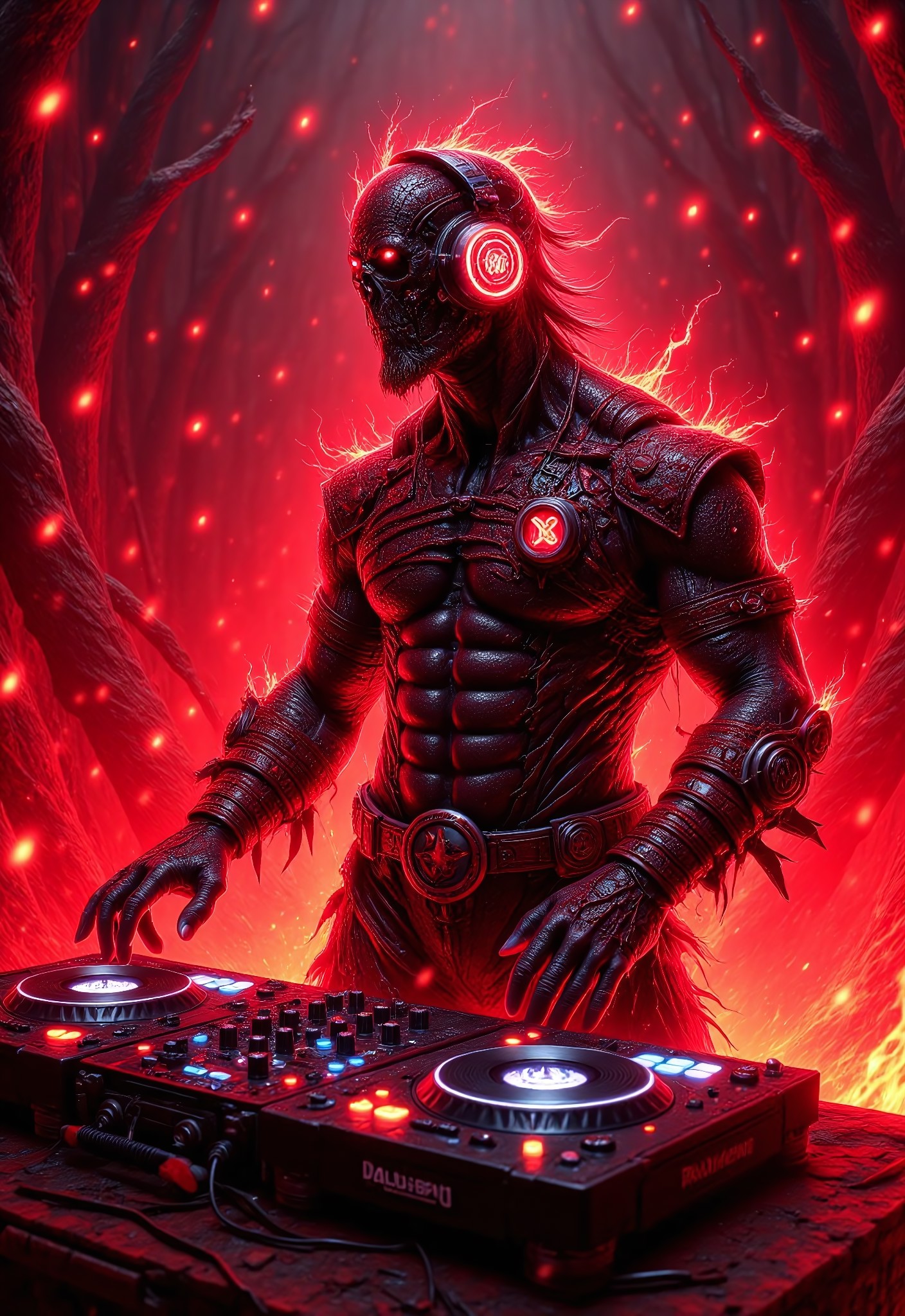 aidmadalle3, aidmaimageupgrader, a high quality digital image of a large intricate red demon standing in hell, we see flames, lava and a general hellscape behind the demon, the demon is standing by an intricate set of DJ decks, his claws working the decks, he has a set of hellish red headphones on