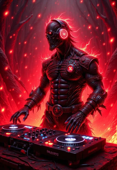 aidmadalle3, aidmaimageupgrader, a high quality digital image of a large intricate red demon standing in hell, we see flames, lava and a general hellscape behind the demon, the demon is standing by an intricate set of DJ decks, his claws working the decks, he has a set of hellish red headphones on