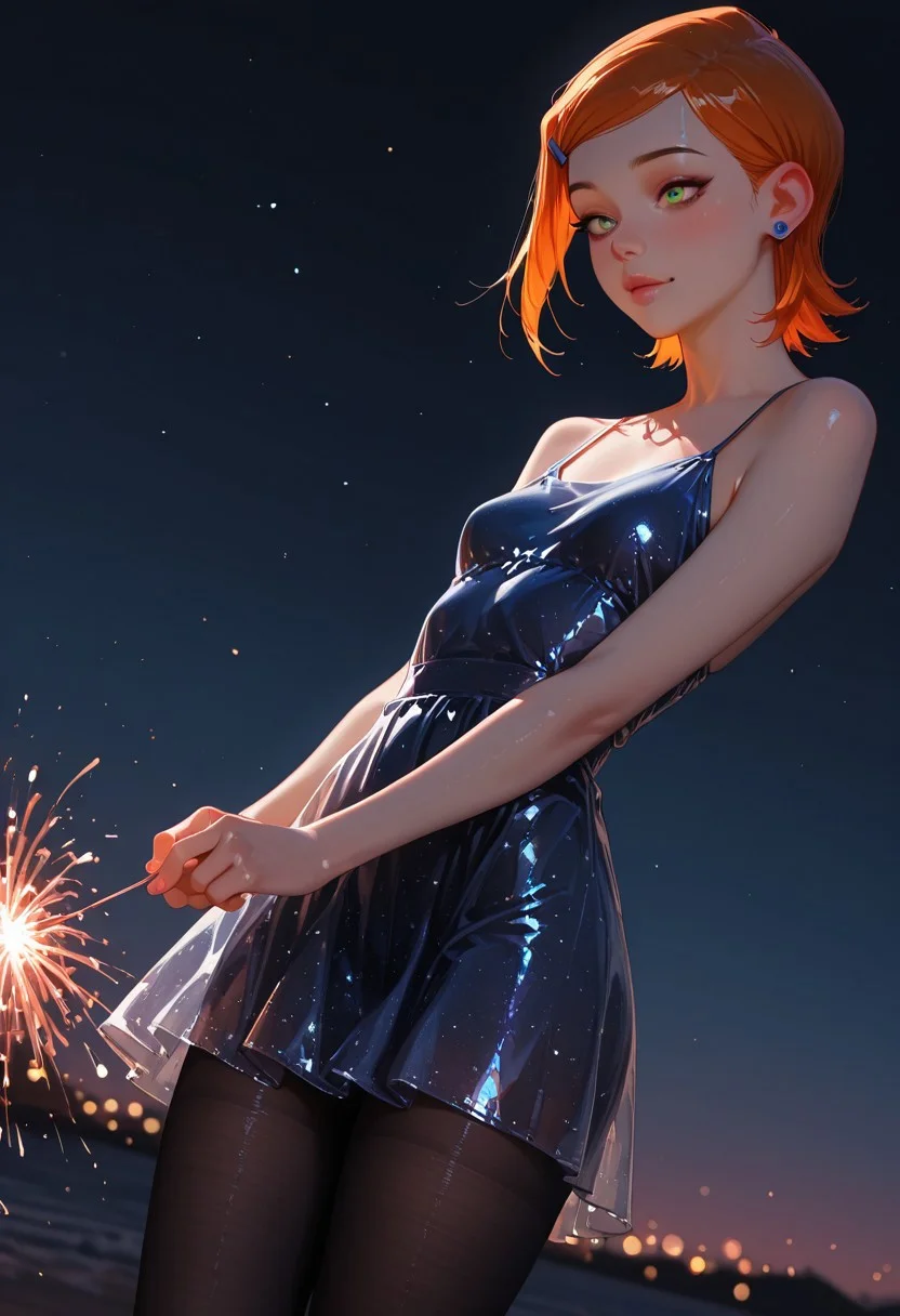 very detailed, flat color, no lineart, Vibrant Contrast, gradient colors, particle effect, (fine fabric emphasis:1.2), (((masterpiece, amazing quality, best quality, ultra-detailed, 8K, illustration, amazing quality, newest, absurdres, realistic))), highres, very aesthetic, absurd res, hi res, very awa, dynamic angle, refined, volumetric lighting, cinematic lighting, blurry background, vivid colors, ((source_realistic:1.6)), hyper detailed, (dynamic pose:1.4), depth of field, photorealistic colors,
perfect anatomy, detailed face, detailed hair,
( 1girl:1.3), (nighttime, playing with fireworks, dark night:2), (young:1.5), (slender:1.3), (skinny:1.0), (petite:1.3), (delicate:1.3), (confused, perplexed:1.3), (clear glass dress:1.3), gwen tennyson (/Ben10)/,(ultra HD quality details), bright orange hair, short hair, (green eyes)