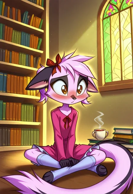 Dreamkeepers,1girl,Prelude_Vi,solo,furry,tail,source_furry,hazel eyes,
child, kid,
sits cross-legged in a cozy library, sunlight streaming through stained-glass windows. She clutches a thick fantasy novel to her chest, her cheeks flushed pink as if caught daydreaming. A loose hair ribbon tilts adorably to one side, and her knee-high socks slide slightly down her calves. Behind her, towering bookshelves overflow with colorful tomes, and a half-finished cup of tea sits beside her, steam curling into the warm air. Her eyes sparkle with a mix of embarrassment and curiosity, one finger pressed lightly to her lips as she glances away shyly, library, blush, sparkling_eyes, hair_ribbon, kneehighs, frilly_dress, book, daylight, stained_glass, tea_cup, steam, shy_expression, moe, cozy, messy_hair, pastel_colors, flustered, socks, innocent_face