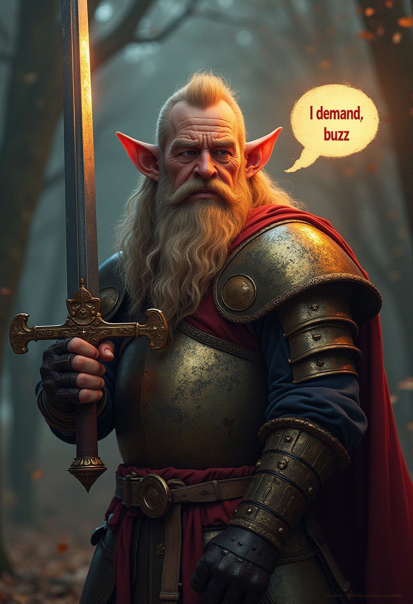 dwarf holding sword,his armour shining, speech bubble says "i demand buzz",hyper realistic,volumetric light,