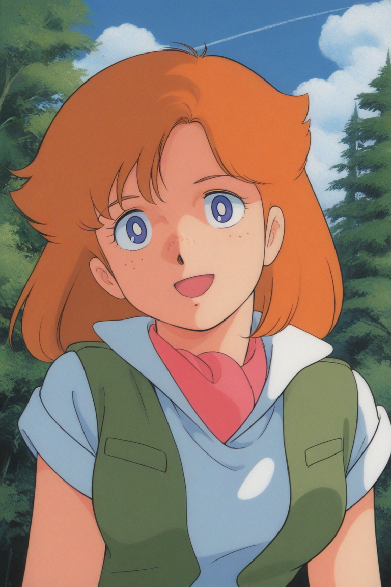 masterpiece, best quality, source_anime,official art,perfect_anatomy,1990s_\(style\),retro_artstyle, 1girl,Doris,blue_eyes,Freckles,orange_hair,long_hair,green_dress,(beautiful detailed face,looking_at_viewer,smile,open mouth),upper body,day,forest,blue_sky,cloud