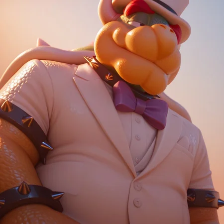 Masterpiece, Bowser, koopa, half closed eyes, smile, closed mouth, Red hair, Spiked bracelets, spiked collar, realistic, detailed, daylight, outside, realistic, sexy, good angle , husband outfit, white top hat, white suit, Purple bow, white clothes, broad shoulders, fat, Full body, (from below)