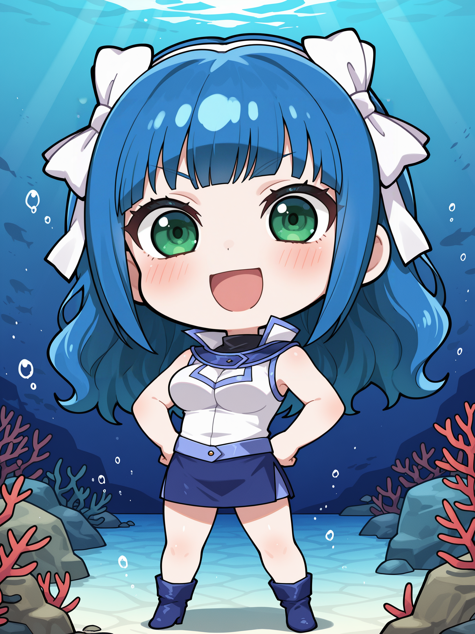 yukiko umino,chibi,1girl,solo,open mouth,full body,smile,hands on own hips,looking at viewer,standing,:d,large breasts,blush,official alternate costume,duel academy uniform \(yu-gi-oh! gx\),white sleeveless shirt,blue skirt,black bodysuit,white hair ribbon,blue heel boots,ocean,underwater,
masterpiece,best quality,amazing quality,very aesthetic,absurdres,newest,<lora:Yukiko Umino & Mei Kitaki & XXXX  5 in 1 illusXL v1:0.72>,