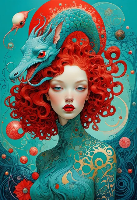 James Jean and Salvador Dali, The composition includes evil female, red short dress, curly red hair with glitter, The composition includes beautiful, exotic, magical, surreal, full view, Long teal curly hair, planet intricately detailed, the surreal figure of Long teal curly hair,g0thicPXL,woodland freckled fairy, masterpiece, retro style, art by Sergio Lopez , Natalie Shau, view, create a sense of detailed, abstract, trippy, 60s style, op art, cell shaded, 8k. The composition includes overlapping circles, sharp-edged polygons,
