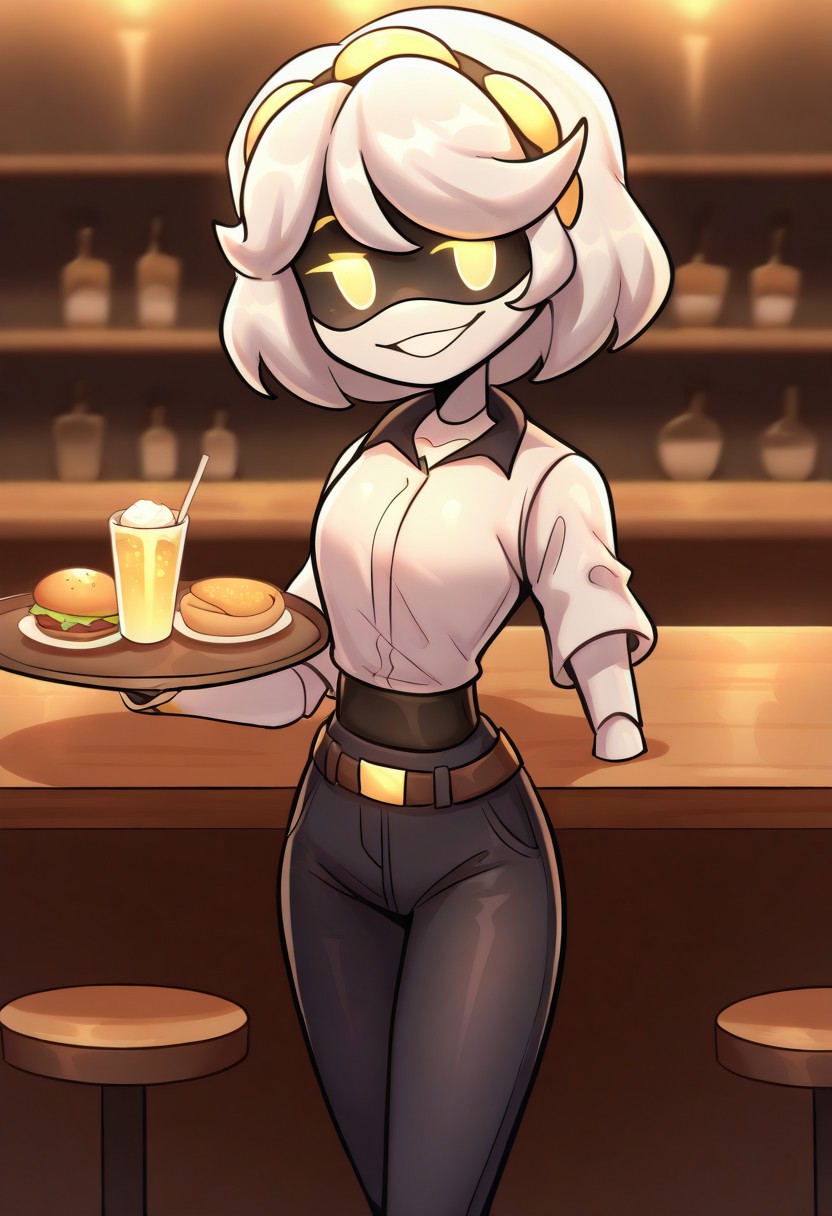 (masterpiece, high quality, highly detailed, best quality), SD-V, 1girl, solo, robot girl, humanoid robot, robot joints, hairband, short white hair, yellow eyes, solid circle pupils,
waitress, restaurant, night, tray in hand, bent arm, white shirt, black jeans, skinny jeans, belt on waist, round tables, tables in the background, smile, half-open eyes, drinks on a tray, bar counter, food on tables
looking at viewer
