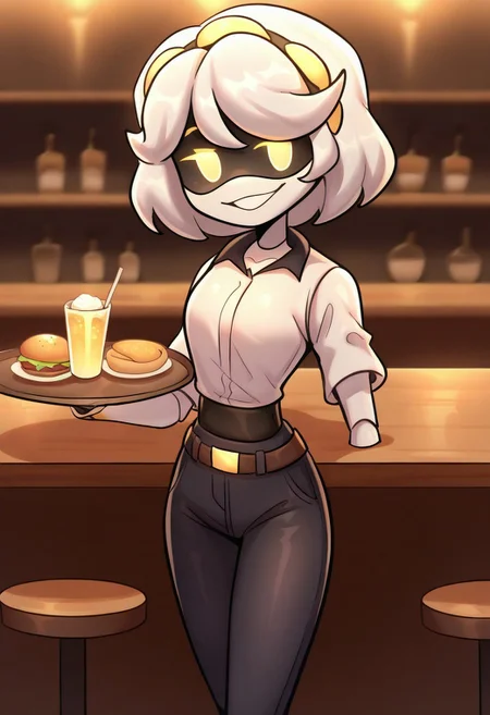 (masterpiece, high quality, highly detailed, best quality), SD-V, 1girl, solo, robot girl, humanoid robot, robot joints, hairband, short white hair, yellow eyes, solid circle pupils,
waitress, restaurant, night, tray in hand, bent arm, white shirt, black jeans, skinny jeans, belt on waist, round tables, tables in the background, smile, half-open eyes, drinks on a tray, bar counter, food on tables
looking at viewer