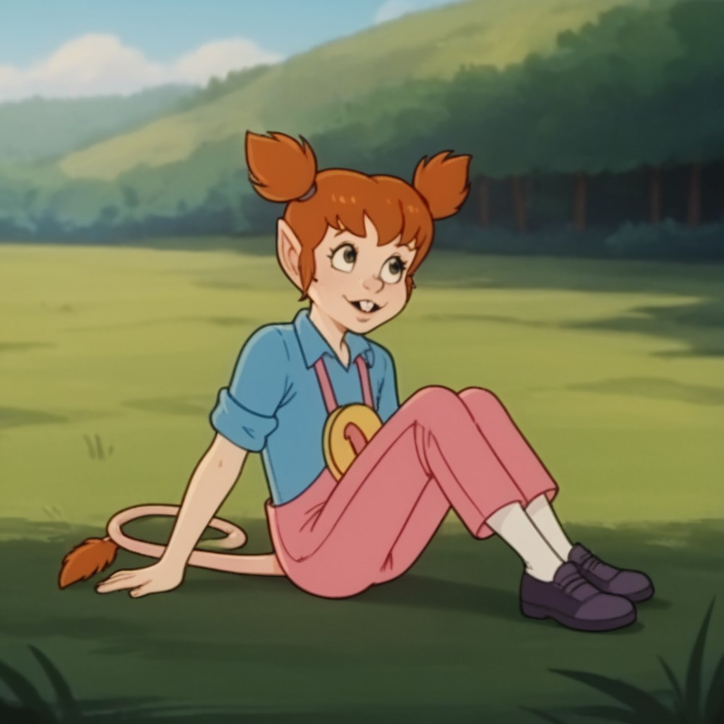 score_9, score_8_up, score_7_up, score_6_up, score_5_up, score_4_up, source_furry, lucytl, Kemonomimi, female, red hair, mouse tail, tail tuft, buck teeth, mouse ears, short twintails, pink overalls, blue shirt, shoes, socks, sitting, in a field