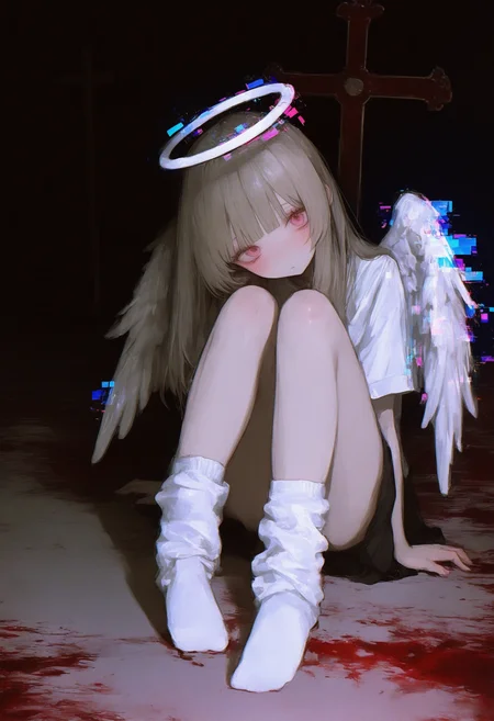 1girl,
realistic, photo background, glitch, dark theme, 748cm, solo, halo, wings, shirt, angel wings, sitting, white shirt, long hair, angel, looking at viewer, pink eyes, socks, short sleeves, white socks, closed mouth, blood, loose socks, blonde hair, knees up, white wings, blush, blunt bangs, black background, grey hair, feathered wings, expressionless, cross, head tilt, no shoes, full body, blood splatter,
a digital art piece by the artist lerome, characterized by its dark and surreal style. The character is dressed in a white outfit that contrasts sharply with their pale skin. In front of them, there is a red object that appears to be blood splattered across the floor, adding a dramatic and intense element to the scene.
masterpiece, best quality
<lora:748cm-NoobEPS100-lokr-v03-000080:1>