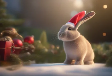 A happy cute, bunny, (wearing a Christmas hat), Adorable, heart warming, cheerful, detailed, bright colours, friendly expression, small size, shiny, eco-friendly, garden, environmental, sunlight, shadows, digital art, whimsical, playful, intricate details, high resolution, photorealistic, joyful atmosphere, gentle, soft lighting, cartoonish style, enchanting, vivid, appealing, character design, imaginative, family-friendly, [photography, realistic, photorealistic, (8k), (highly detailed), cinematic lighting, intricate details, (high resolution), award-winning,   correct focus, realistic, realistic lighting, (highly detailed),  masterpiece], ((Cinematic Still-Shot))