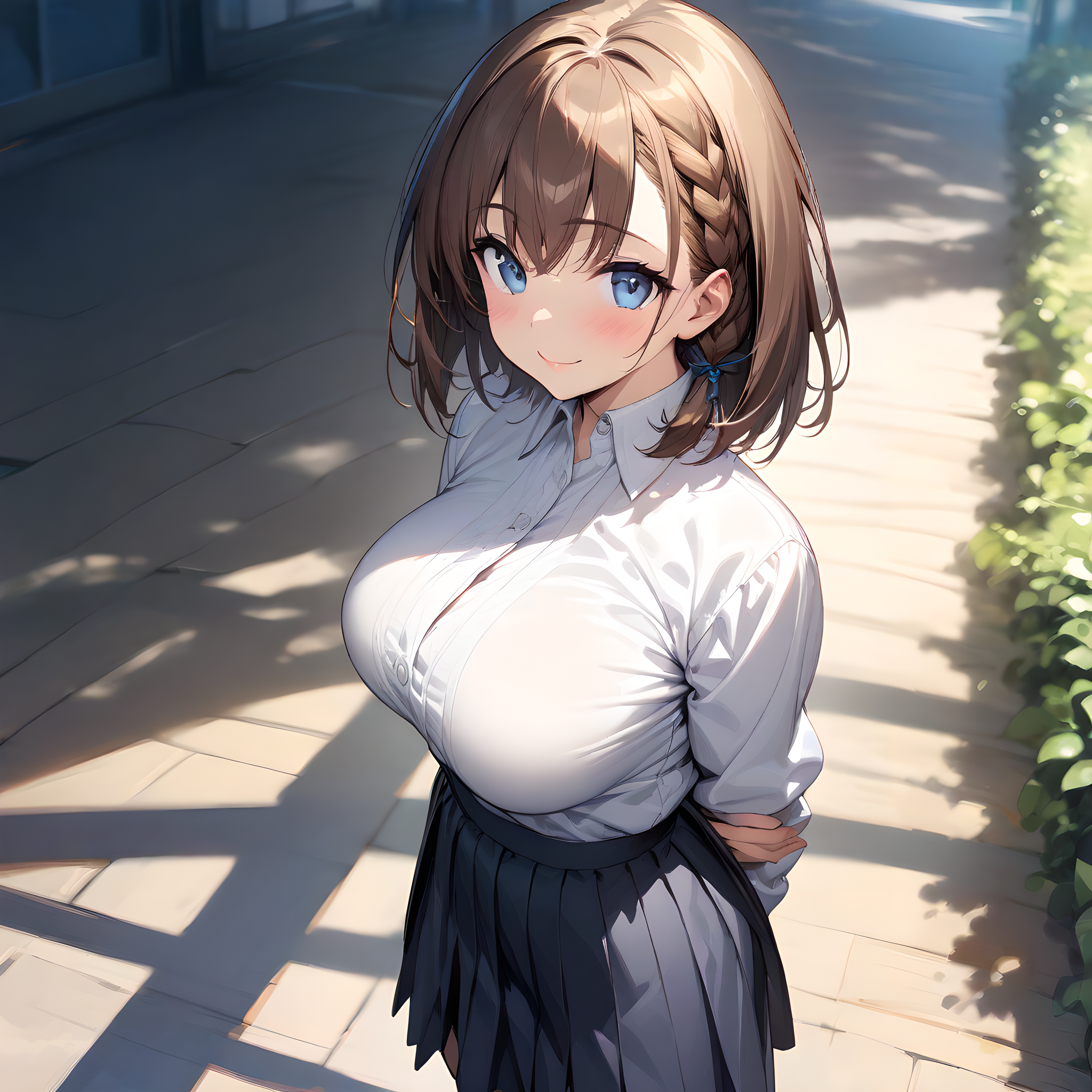 (masterpiece),(best quality),(ultra-detailed),(best illustration),(best shadow),(absurdres),(detailed background),(very aesthetic), ai-chan(tawawa), 1girl, solo, breasts, braid, skirt, brown hair, large breasts, smile, short hair, shirt, looking at viewer, arms behind back, blue eyes, side braid, white shirt <lora:XL-Ai-chan(Tawawa):1>