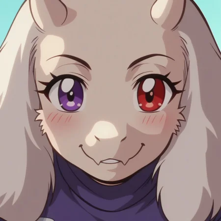 score_9_up, score_8_up, score_7_up, Toriel, simple background, face shot, fluffy, front view, looking at viewer, solo heterocromia, purple eye, red eye, blushing, smiling, anime screencap, retro anime style