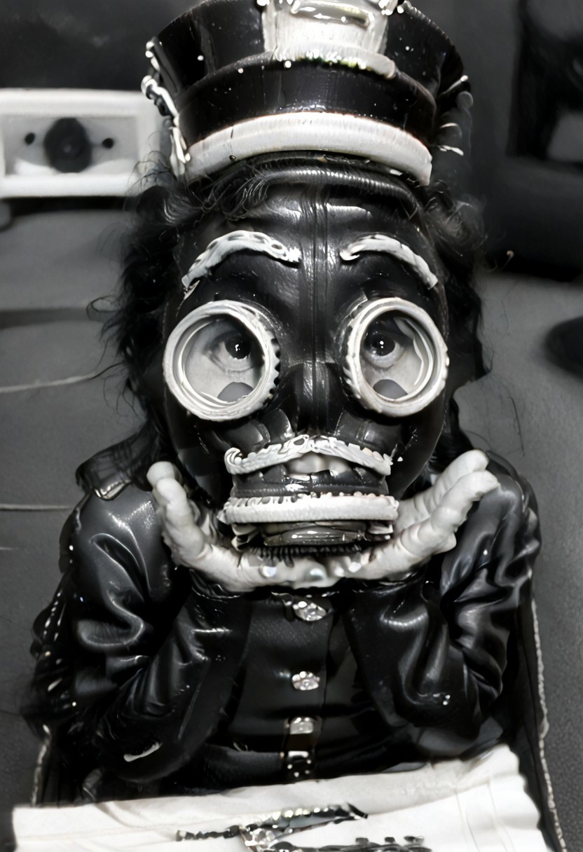 (((black and white, monochrome,gasmask))),((hands up, raised hands, small man with mustache, top hat, kenbis, chibi, chibi, male only, male, male chibi, monocle, art deco, thick mustache, comically large mustache, handlebar mustache, tiny, multiple men, shrunk, microxl, some little guys,  high angle, from above)), bwMovies, realistic, photo, vintage photo, ((very small man, small man, a small man, a man who is small, a small man)), an unapologetically small human male, black and white, smiling, very happy, euphoric, ecstatic, wonderful small men, large smile, huge smile