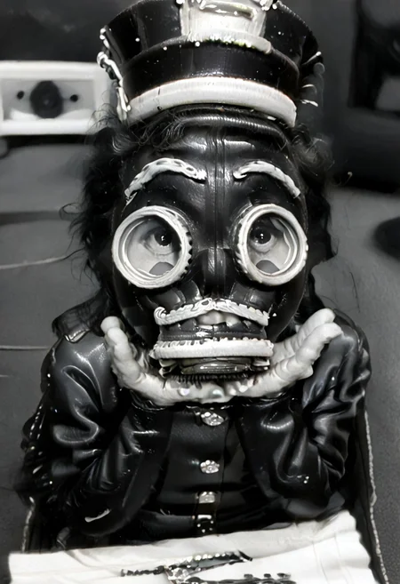 (((black and white, monochrome,gasmask))),((hands up, raised hands, small man with mustache, top hat, kenbis, chibi, chibi, male only, male, male chibi, monocle, art deco, thick mustache, comically large mustache, handlebar mustache, tiny, multiple men, shrunk, microxl, some little guys, high angle, from above)), bwMovies, realistic, photo, vintage photo, ((very small man, small man, a small man, a man who is small, a small man)), an unapologetically small human male, black and white, smiling, very happy, euphoric, ecstatic, wonderful small men, large smile, huge smile