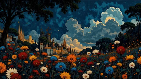 Color Field Painting painting. Ground level wide angle view. Classical Roman theme. crescent moon in a night sky, red blue and green stars. Intricate black and copper and white Voronoi details. Overall, the scene is dreamlike and is very detailed. Dramatic lighting illuminates the scene from the front. <lora:Charcoal01d_CE_FLUX_AIT:0.6> <lora:Paper_Marbling_Flux:0.5> <lora:아름답고_우아한_r1:0.6> <lora:midjourney_whisper_chromaplex_v1:0.6>