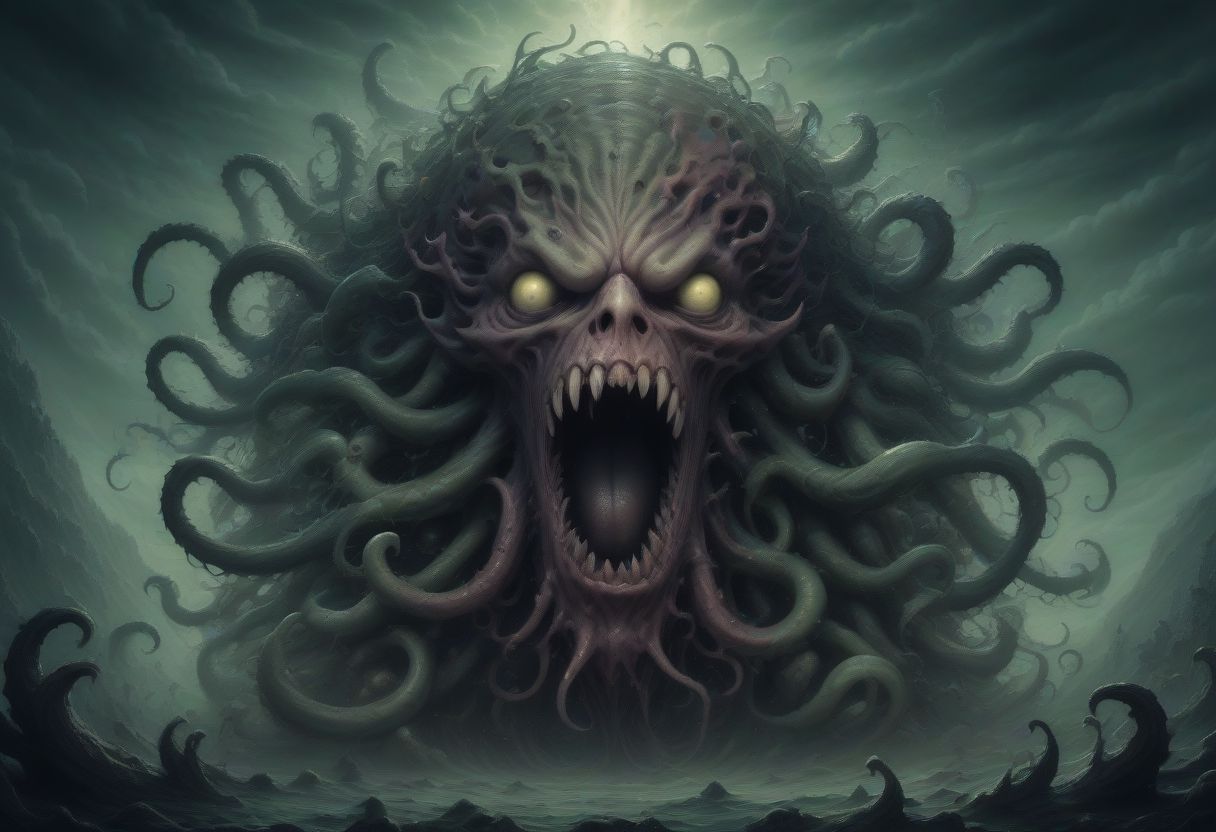 Lovecraft abomination looms in the shadows, its form defying earthly logic. Tentacles writhe from its grotesque body, each ending in an eye that gazes into infinity. Its maw, filled with rows of razor-sharp teeth, drips with otherworldly ichor. Its presence radiates an aura of cosmic dread, driving mortal minds to the brink of insanity. Capture the eldritch horror and incomprehensible terror it embodies Nightmare color palette. DEVIL SPAWN