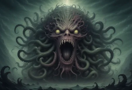 Lovecraft abomination looms in the shadows, its form defying earthly logic. Tentacles writhe from its grotesque body, each ending in an eye that gazes into infinity. Its maw, filled with rows of razor-sharp teeth, drips with otherworldly ichor. Its presence radiates an aura of cosmic dread, driving mortal minds to the brink of insanity. Capture the eldritch horror and incomprehensible terror it embodies Nightmare color palette. DEVIL SPAWN