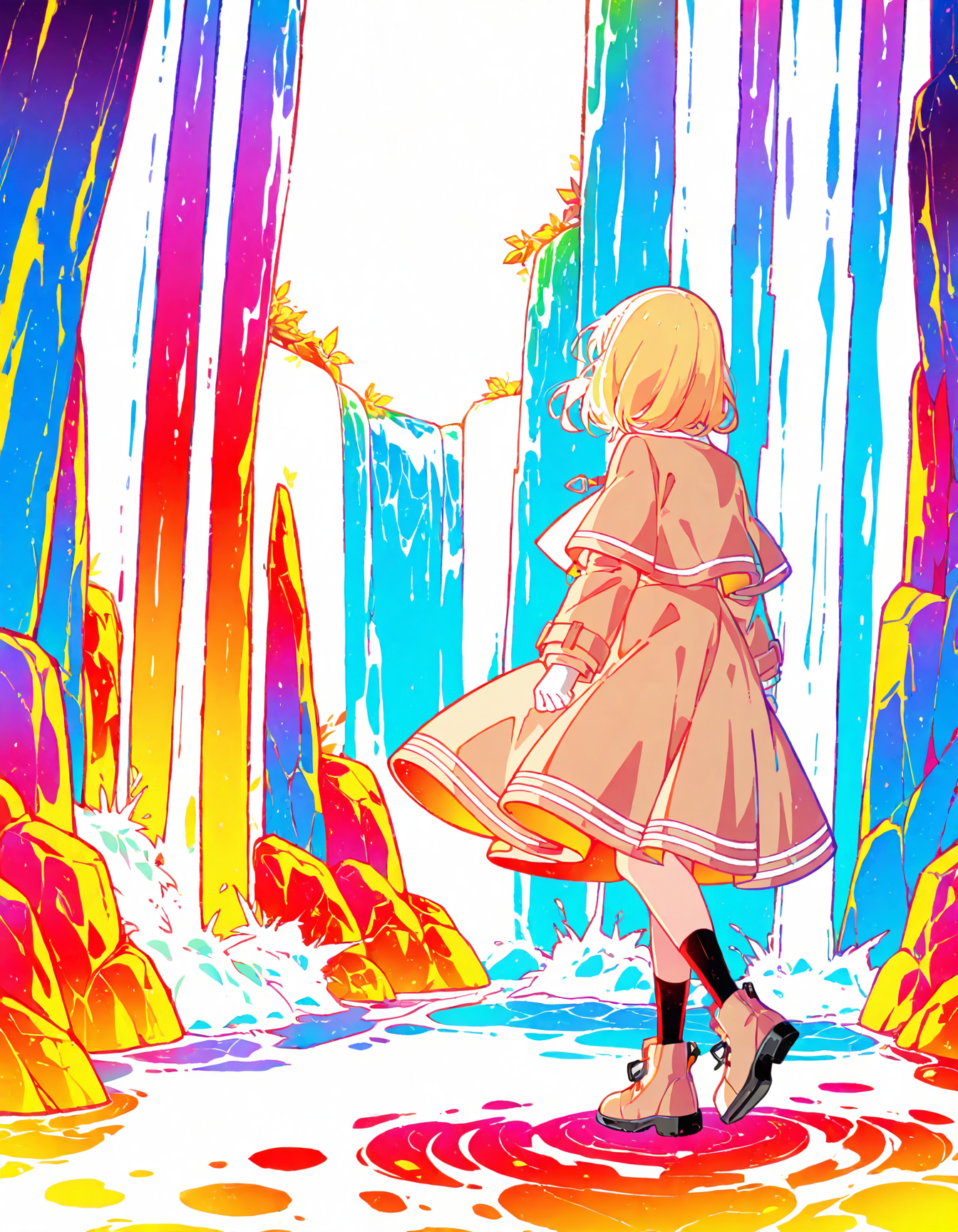 <lora:RareGhost_v2:0.7> (ragh0:1.3), simple white background, solo, full body, colorful minimalism, human, (Amelia watson:0.4), (waterfall scenery), masterpiece, best quality, amazing quality, <lora:cfg_scale_boost:1.0>,