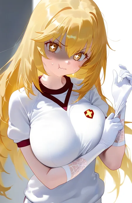 1girl,
shokuhou misaki, toaru majutsu no index,
white background, shaded face, shirt, short sleeves, light blush, large breasts, looking at viewer, gym uniform, emblem, yellow eyes, v-shaped eyebrows, elbow gloves, hair between eyes, adjusting gloves, upper body, sleeves past elbows, gym shirt, school emblem, smile, symbol-shaped pupils, sweatdrop, white shirt, sparkling eyes, solo, long hair, pout, wavy mouth, closed mouth, very long hair, tokiwadai school gym uniform, straight hair, aged down, brown eyes, white gloves, star \(symbol\), spider web print, bright pupils, gloves, breasts, adjusting clothes, blonde hair, simple background, star-shaped pupils,
masterpiece, best quality, newest, absurdres, highres
<lora:noob_style_nyalia_output:1>