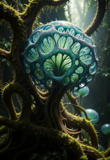 in the style of ckfp, High-resolution realistic photograph of a dense, misty forest at dawn, with strange alien plants naturally blending into the environment. The plants have fractal-shaped branches and leaves, repeating intricate geometric patterns in a way that feels organic yet otherworldly. Their surface texture resembles real moss and bark, with dew drops glistening in the soft morning light. The forest floor is damp with patches of green moss and fallen leaves. Subtle rays of sunlight pierce through the mist, creating a serene and believable atmosphere. Shot with a Canon EOS 5D Mark IV, 35mm lens, realistic color grading, slight haze, natural depth of field, hyperrealistic focus on the fractal plants without overexaggeration, National Geographic style photography.