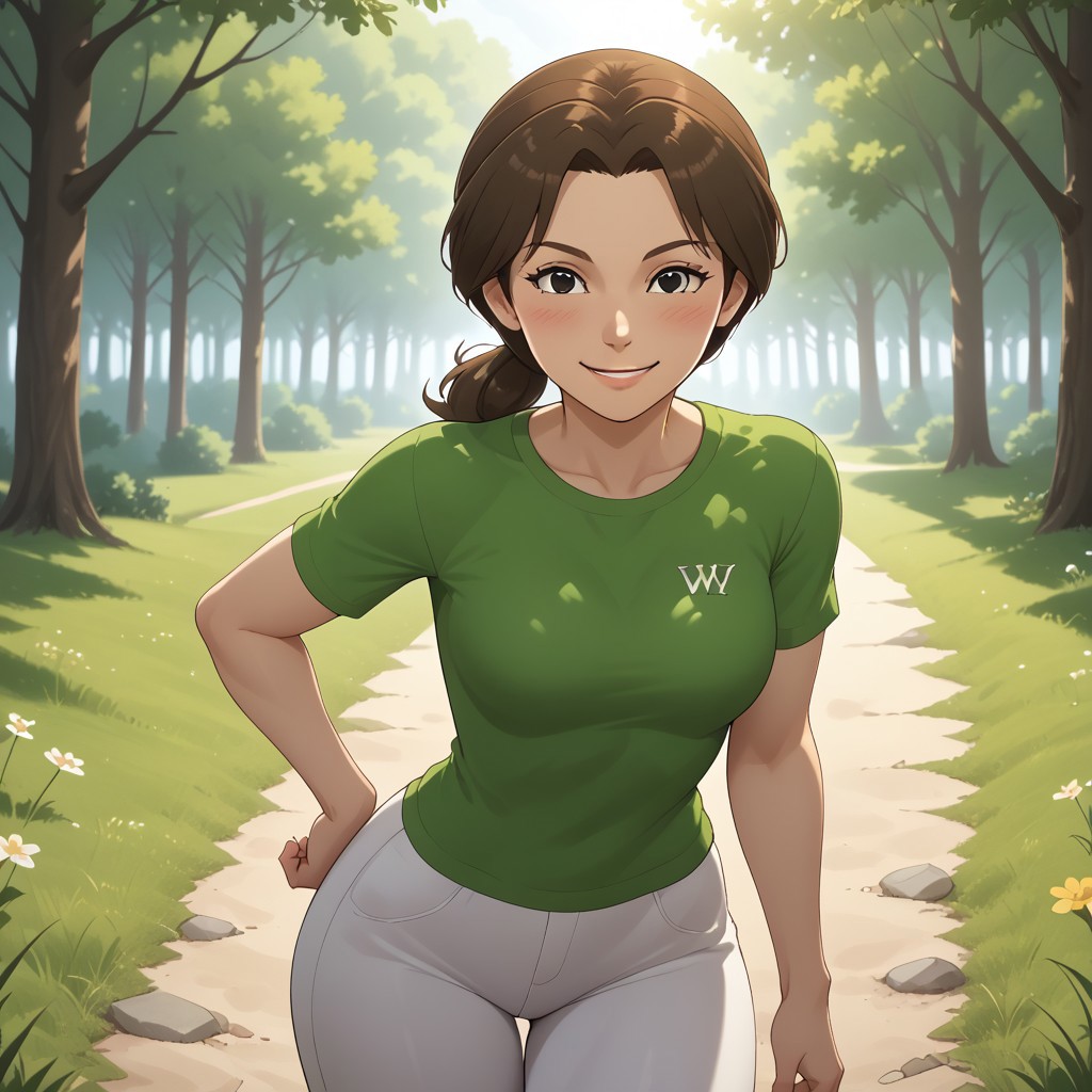 score_9, score_8, BREAK, solo, wii, mii, wii sports, 1girl, female mii, brown hair, brown eyebrows, black eyes, blush, light green clothing, white pants, shoes, breasts, nintendo mii, modern_mii, classic_mii, Masako_(Wii_Sports), cute, sexy pose, self portrait, smile, outdoors, sunlight, shadows, evening lighting, natural lighting, forest, trees, grass, orange sky, sunset