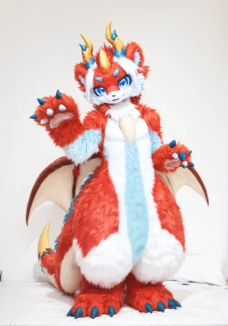 score_9,score_8_up,score_7_up,realistic,photo realistic,(masterpiece, best quality:1.2),(furry:1.2),furry dragon,horns,red and white fur,furry paws,white background,blue eyes,furry ears,full fur suit,realistic,solo,full body,<lora:FullFurSuitXLLora:0.9>,