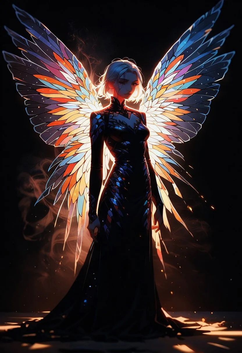 score_9, score_8_up, score_7_up, score_6_up, score_5_up, stained glass wings, colorful wings, white theme, dark, glowing, 1girl, solo, medium breasts, black dress, white accents, white hair, proud, haughty, black background, long sleeves, 43stl1ght1ng, low light, dramatic lighting, darkness, smoke, eye lighting, well lit face, hand on hips, pointing forward