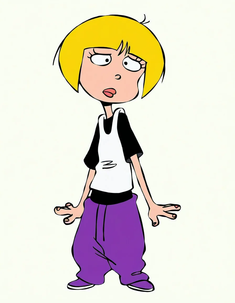 nazz,blonde hair, short hair, 1girl, shirt, solo,, pants, t-shirt purple pants, <lora:NazzIllustrious1.0JLFO:1> simple background,, looking at viewer,