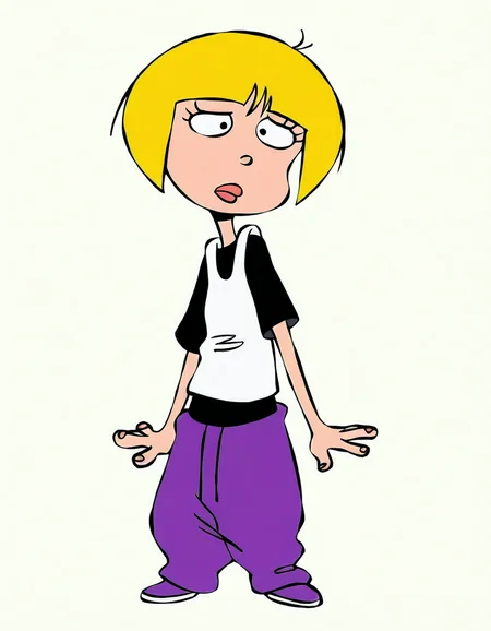 nazz,blonde hair, short hair, 1girl, shirt, solo,, pants, t-shirt purple pants, <lora:NazzIllustrious1.0JLFO:1> simple background,, looking at viewer,