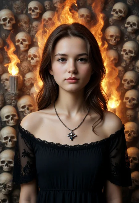 1girl, black dress, no pattern dress, Hd, high quality, ultra realistic, detailed, slimes_skullwm, made of skulls, flaming skull background, light smile, PG, no teeth, portrait, looking afar, stoic, brunette, beautiful, necklace,